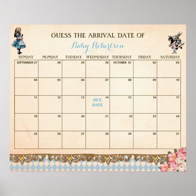 Poster Alice Wonderland Baby Guess Due Date Calendar (Frente)