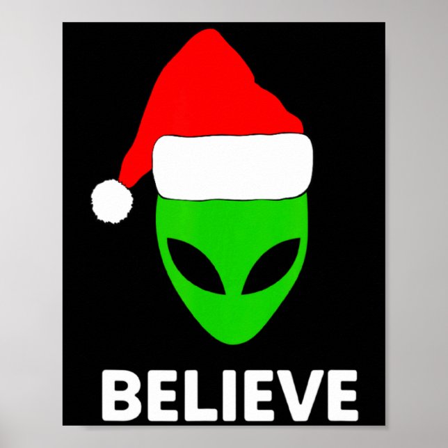 Poster Alien Green Face Christmas Santa Hat Believe  (Frente)