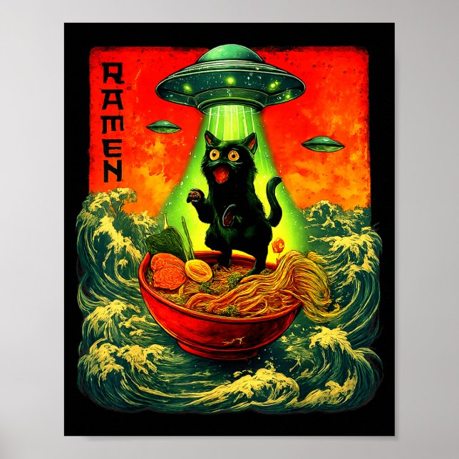 Poster Alien Ramen Cat Ufo Japanese Retro Art Gifts Men W (Frente)