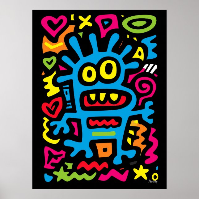 Poster Alienígena Azul Funky - Neon Pop Art Quirky Monste (Frente)