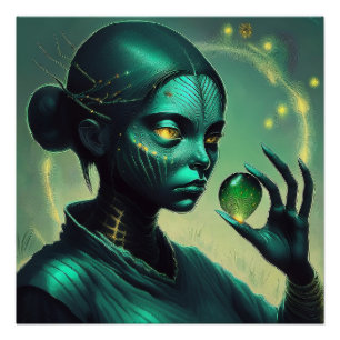 Pôster Alienígena Dama Mantém Objeto De Vidro Transparent