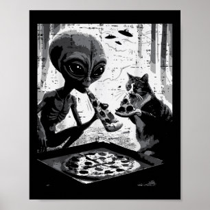 Poster Alienígena E Gato Comendo Pizza Engraçada Comida D