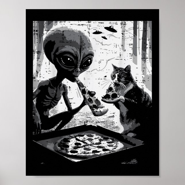 Poster Alienígena E Gato Comendo Pizza Engraçada Comida D (Frente)