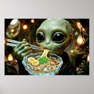 Poster Alienígena engraçado comendo macarrão Ramen