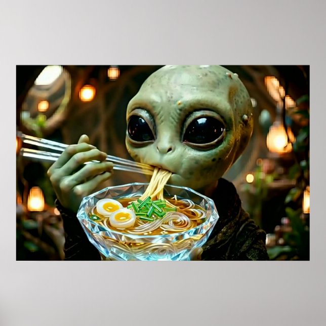 Poster Alienígena engraçado comendo macarrão Ramen (Frente)