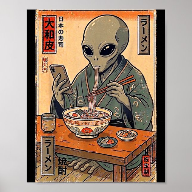 Poster Alienígena engraçado comendo ramen retrô japonês h (Frente)