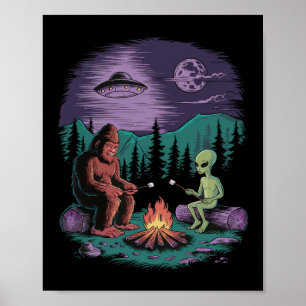 Poster Alienígena Engraçado E Pé Grande Caminhando Na Lua