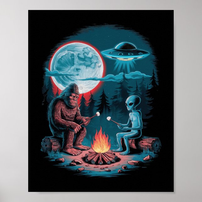 Poster Alienígena Engraçado E Pé Grande Caminhando Na Lua (Frente)
