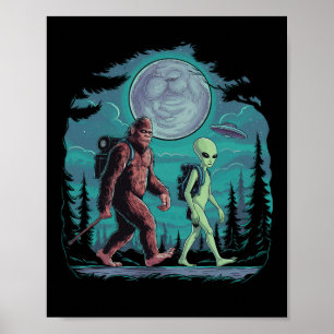 Poster Alienígena Engraçado E Pé Grande Caminhando Na Lua