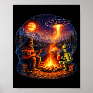Poster Alienígena Engraçado e Pé Grande Fogueira Lua OVNI