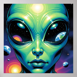 Poster Alienígena face com planetas reflexões nos olhos