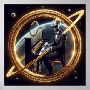 Poster Alienígena Masculina Espacial Tocando Piano Preto