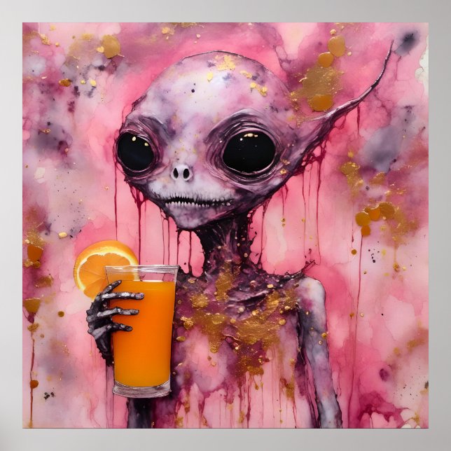Poster Alienígena Rosa Com Suco de Laranja (Frente)