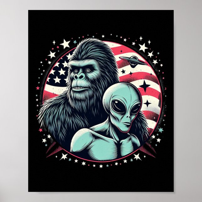 Poster Alienígena Sasquatch Bigfoot Amp Bigfoot Usa Flag  (Frente)