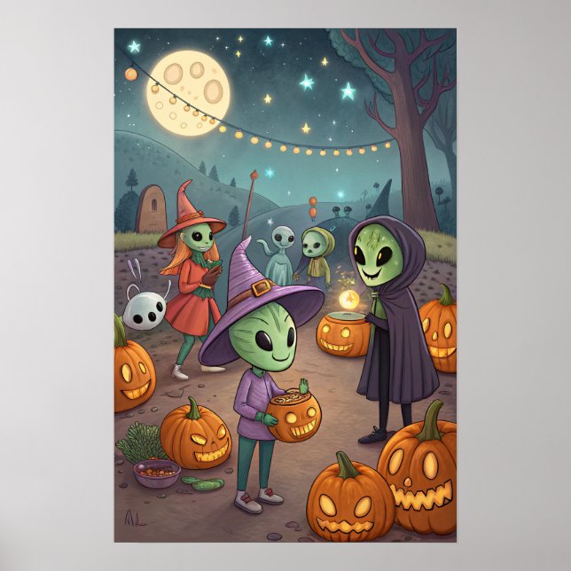 Poster Aliens Celebrate Halloween on Earth – Cosmic Costu (Frente)
