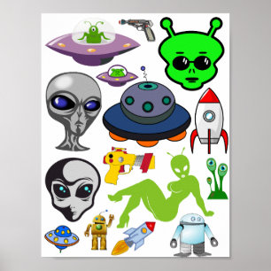 Poster Aliens de Espaço de Cartoon Folha de Colagem de Ar