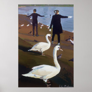 Poster Alimentando as cisnes na lagoa redonda