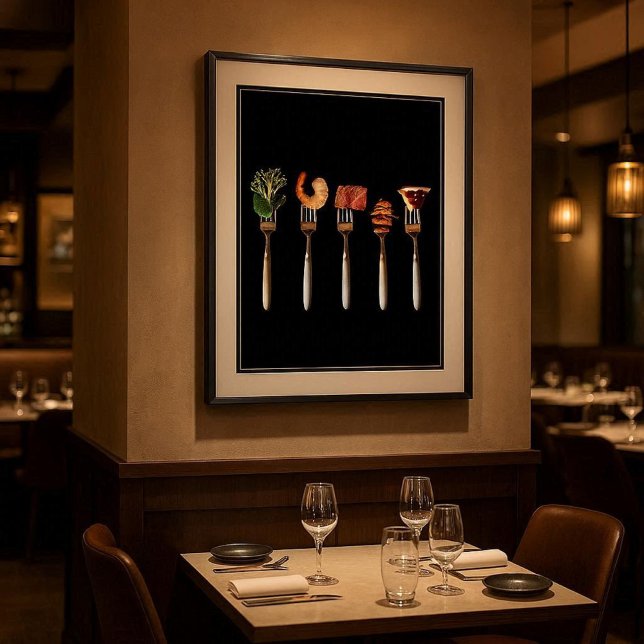 Pôster Alimentos Contemporâneos em Garfos Arte Impressa P (Modern foods on forks poster for kitchens, dining rooms, cafés, or upscale restaurant walls)