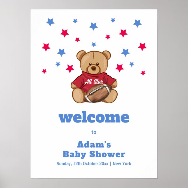 Poster All Star Teddy Bear Football Baby Shower Welcome  (Frente)
