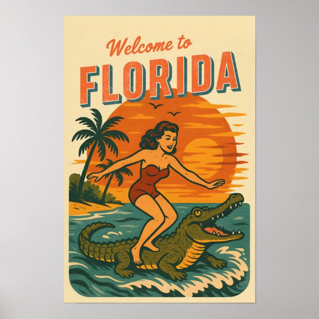 Poster Alligator Surfing Beach Pin-up | Retro Coastal Art (Frente)
