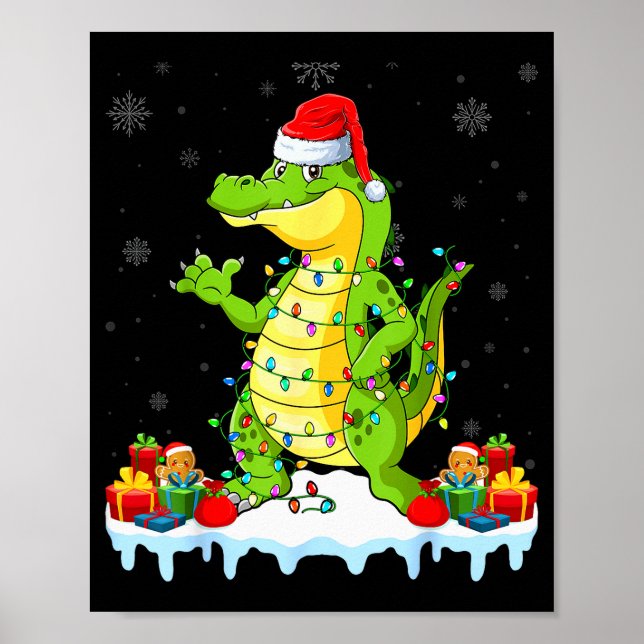 Poster Alligator Wearing Xmas Lights Santa Hat Alligator  (Frente)