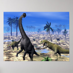 Poster Allosauro atacando dinossauro braquiossauro