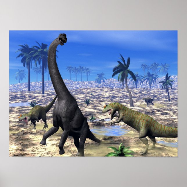 Poster Allosauro atacando dinossauro braquiossauro (Frente)