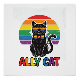 Pôster Ally Cat Arco-íris Orgulho Camisa de Gato Vintage