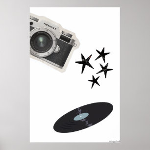 Poster Alma Retro: Colagem de Vinil, Lente e Estrelas