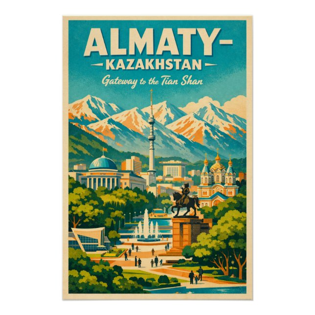 Pôster Almaty city, Kazakhstan Vintage travel (Frente)