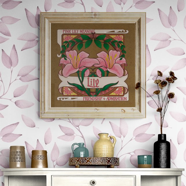 Poster Almiração de Amizade Flores Victorianas Rosa (Pink Lily Flower Meaning Vintage Style Dark Background Poster - Friendship and Admiration)