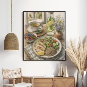 Poster Almoço Mediterrâneo Saudável à Beira da Janela com