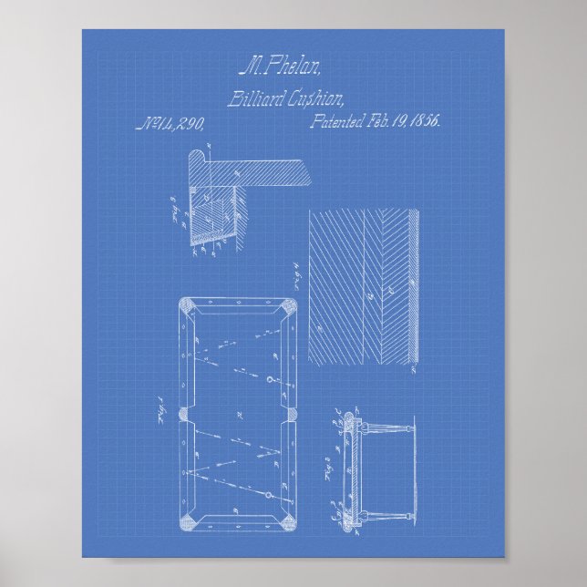 Pôster Almofada de mesa Billiard 1856 Arte Patente - Blue (Frente)