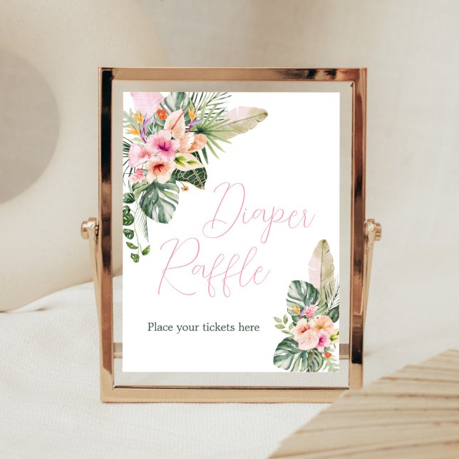 Poster Aloha Baby Tropical Chá de fraldas Fralda Raffle (Luau Hawaiian Girl Baby Shower Diaper Raffle Sign)