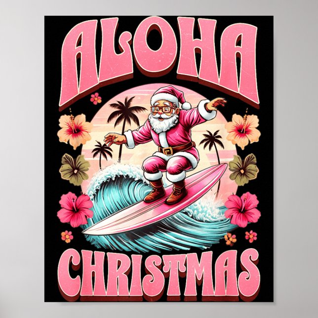 Poster Aloha Christmas Santa Claus Surfing Hawaiian Mele  (Frente)