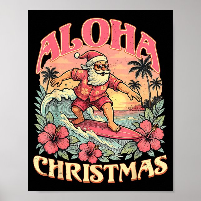 Poster Aloha Christmas Santa Claus Surfing Hawaiian Mele  (Frente)