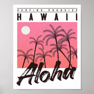 Poster Aloha Havaí Palmeira Retro Pôr do Sol Praia Garota