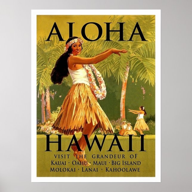 Poster Aloha Hawaii, dança das garotas Hula, viagens vint (Frente)