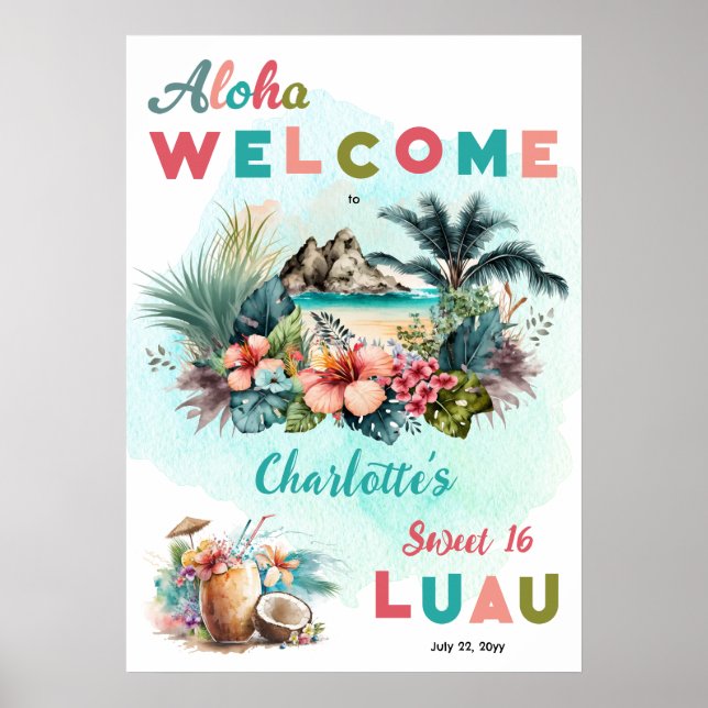 Poster Aloha Luau Tropical Island Beach Sweet 16 Party (Frente)