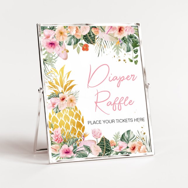 Poster Aloha Pineapple Chá de fraldas Raffle (Floral Aloha Baby Shower Diaper Raffle Sign)