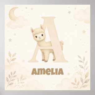 Poster Alpaca Letra A Personalizada Nome do Bebê