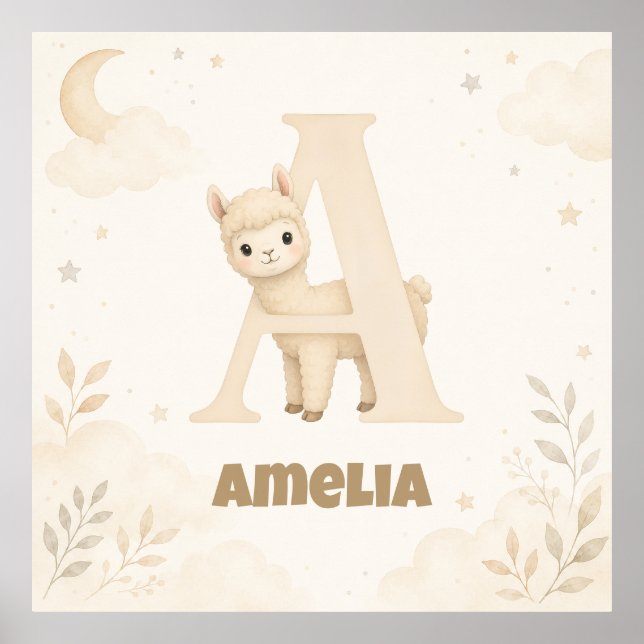Poster Alpaca Letra A Personalizada Nome do Bebê (Frente)