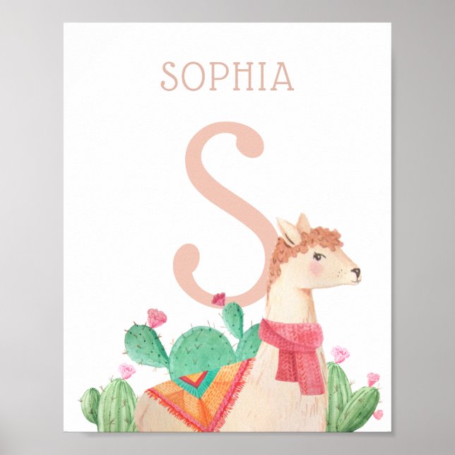 Poster Alpaca Nursery Wall Art. Llama Kids Name & Initial (Frente)