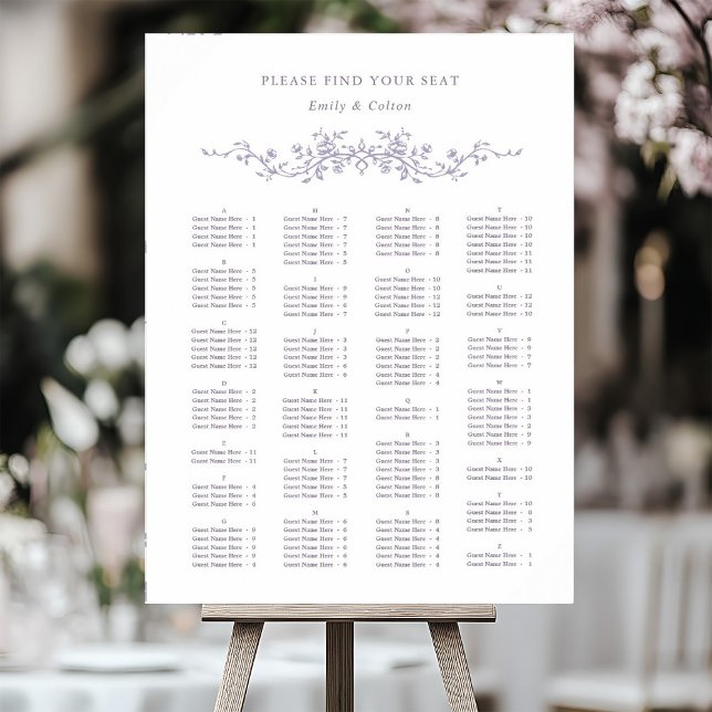 Poster Alphabetical Order Lavender Wedding Seating Chart (Criador carregado)