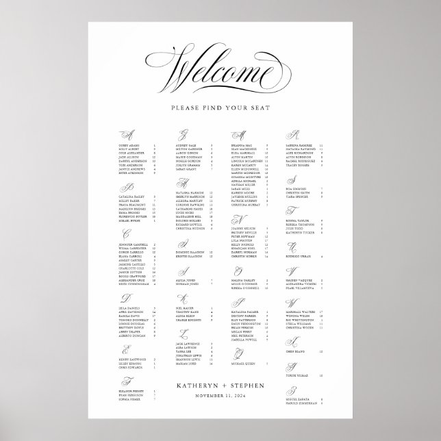 Poster Alphabetical Seating Chart Sign Elegant Wedding (Frente)