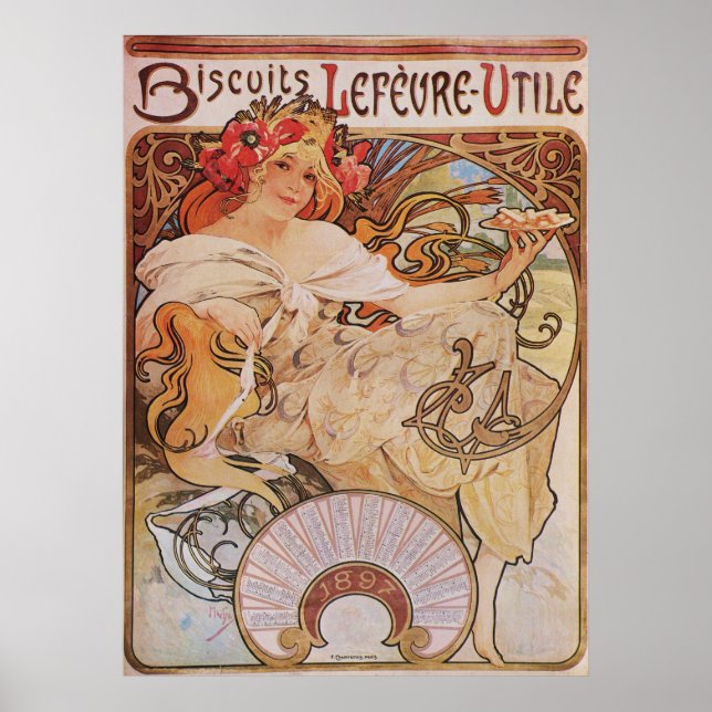 Pôster Alphonse Mucha. Biscoitos Lefevre-Utile, 1896 (Frente)