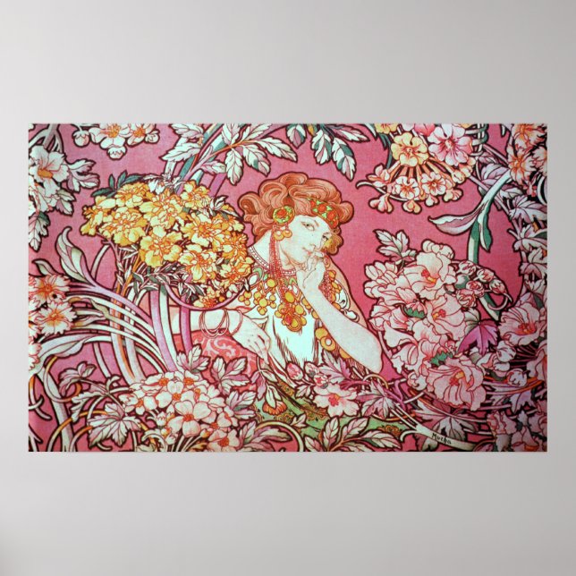 Pôster Alphonse Mucha. Femme Parmi Les Fleurs 1900 (Frente)