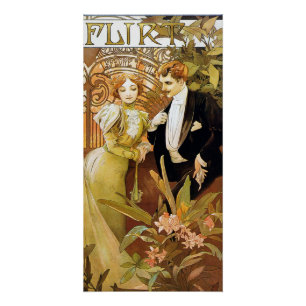 Pôster Alphonse Mucha Flirt Vintage Art Nouveau Romântico