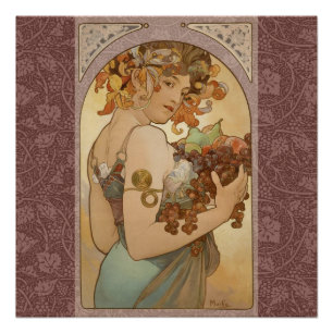 Pôster Alphonse Mucha Fruta Art Nouveau Vintage Donzela