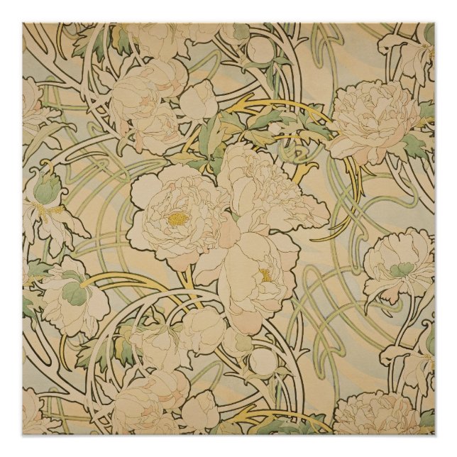 Pôster Alphonse Mucha - Peonies (Frente)